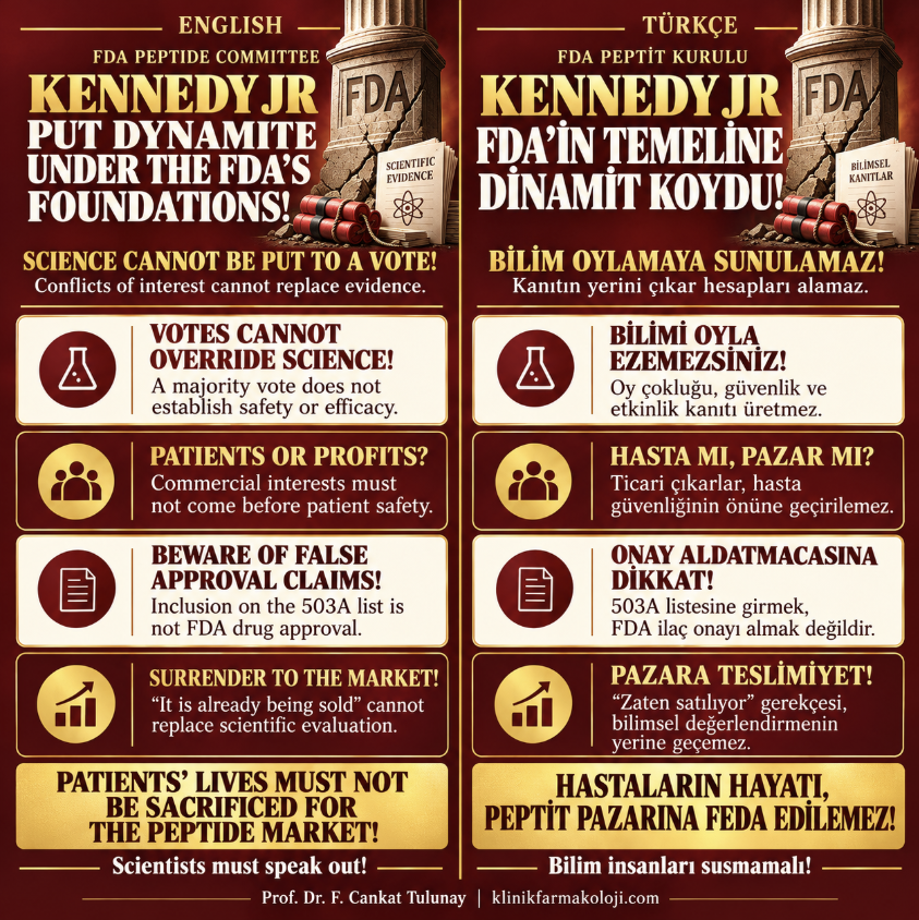 Kennedy Jr FDA'in temeline dinamit koydu! Bilim oylamaya sunulamaz. FDA peptit kurulu, Türkçe ve İngilizce infografik